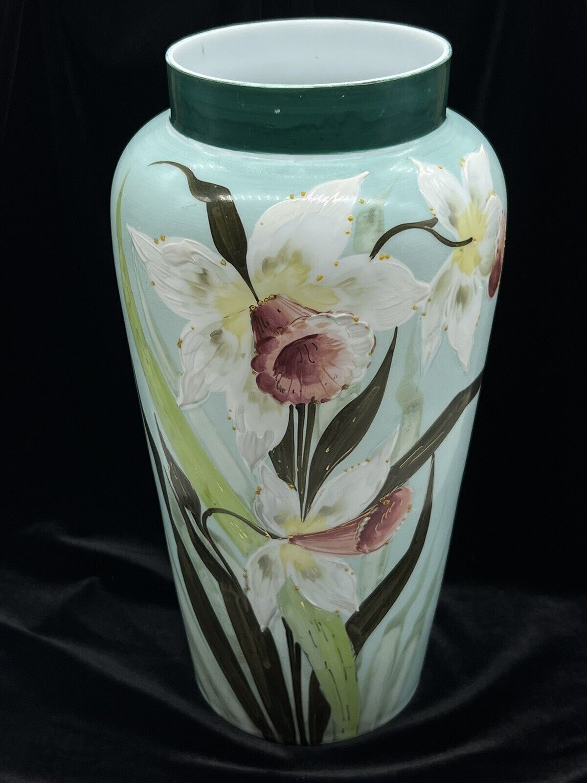 Antique Handpainted Teal Glass Vase, 12.5”