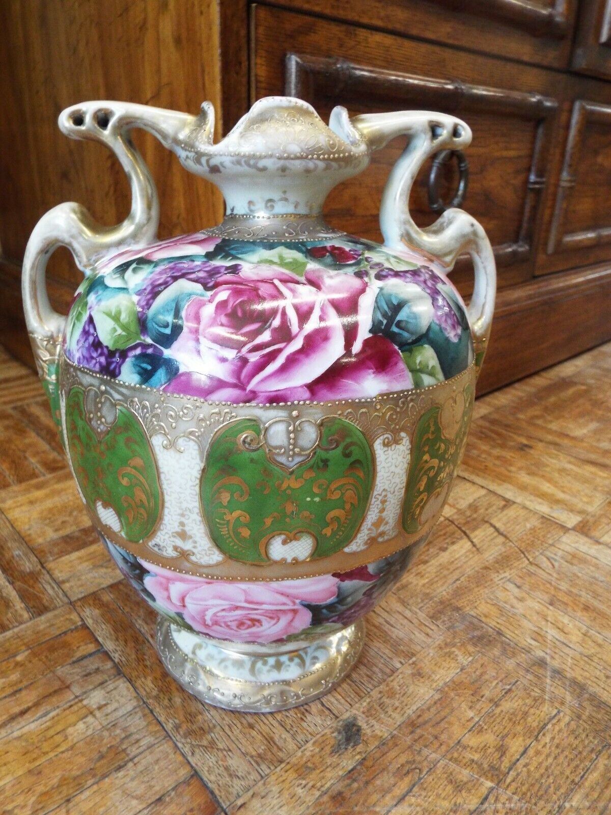 Large Antique Nippon Gold Jeweled Roses Vase