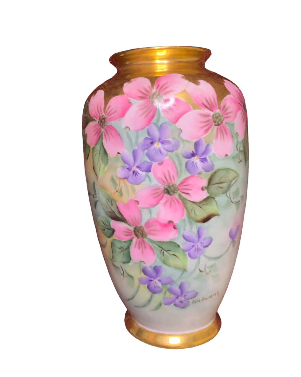 Antique Handpainted Dogwood Flowers Vase with Gold