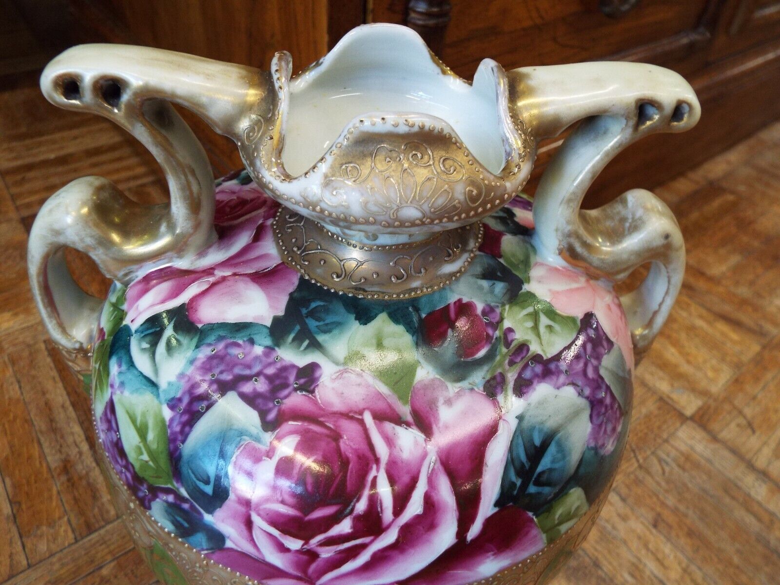 Large Antique Nippon Gold Jeweled Roses Vase