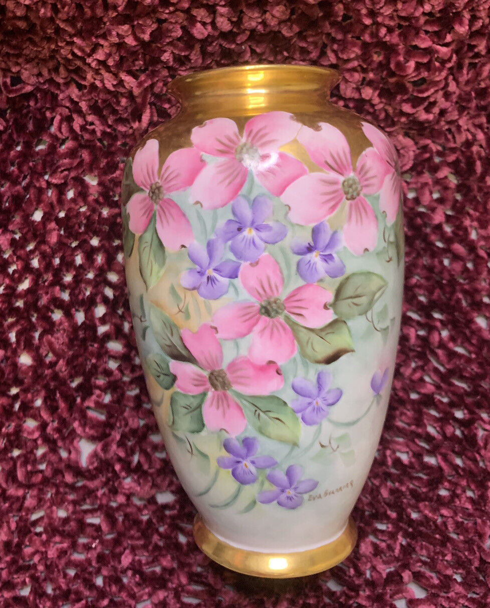 Antique Handpainted Dogwood Flowers Vase with Gold