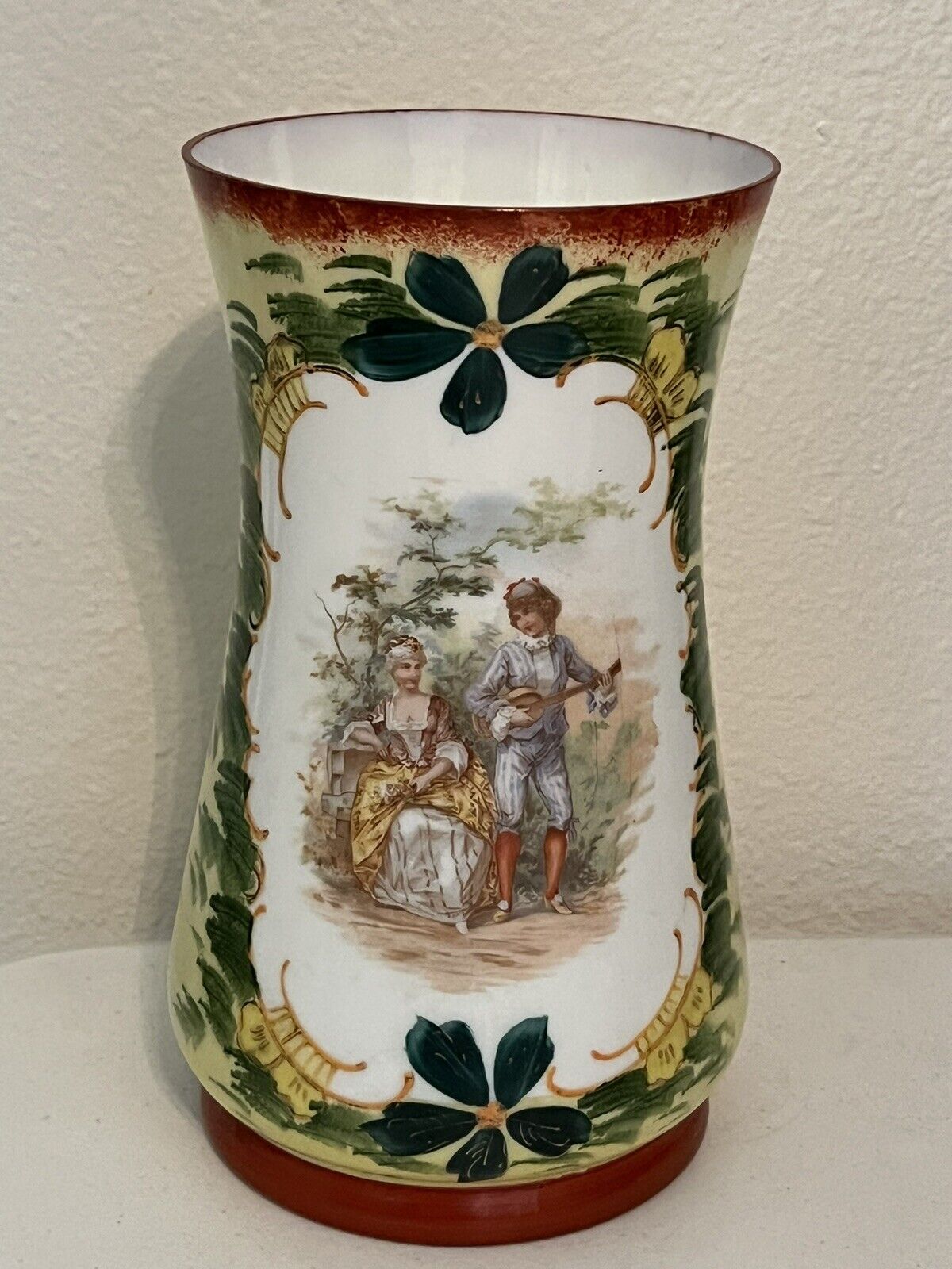 Bristol Glass Handpainted Transferware Vase - 1900s