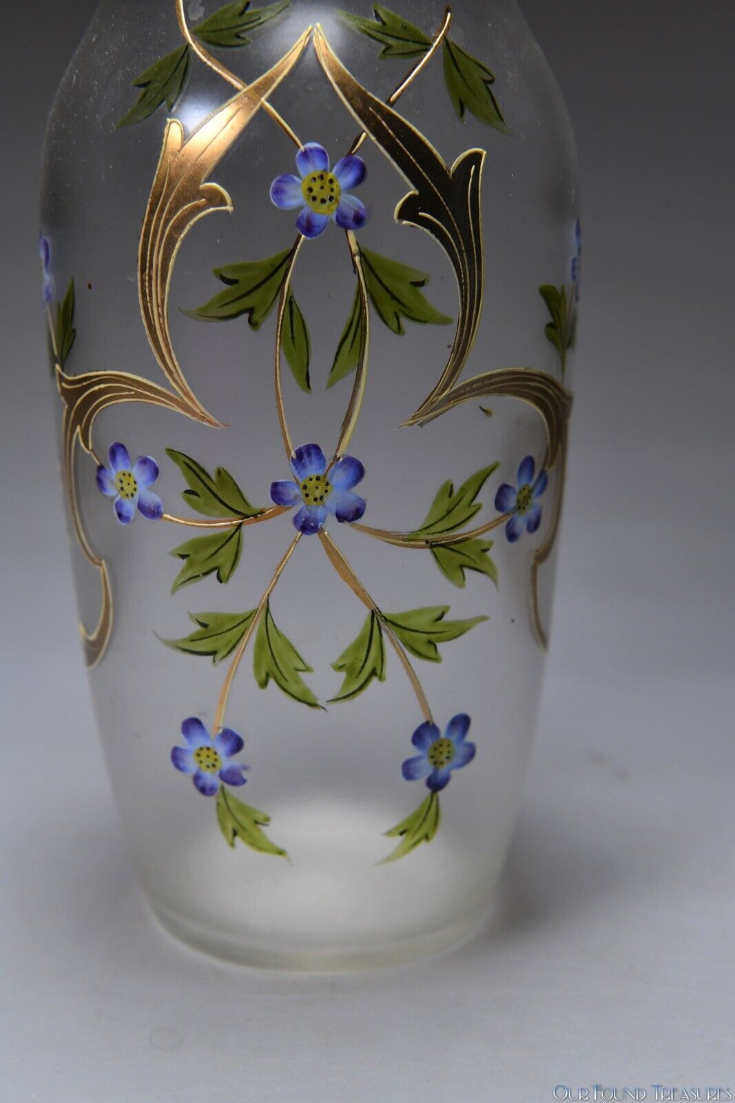 1900s Floral Enameled Blown Glass Vase 9”