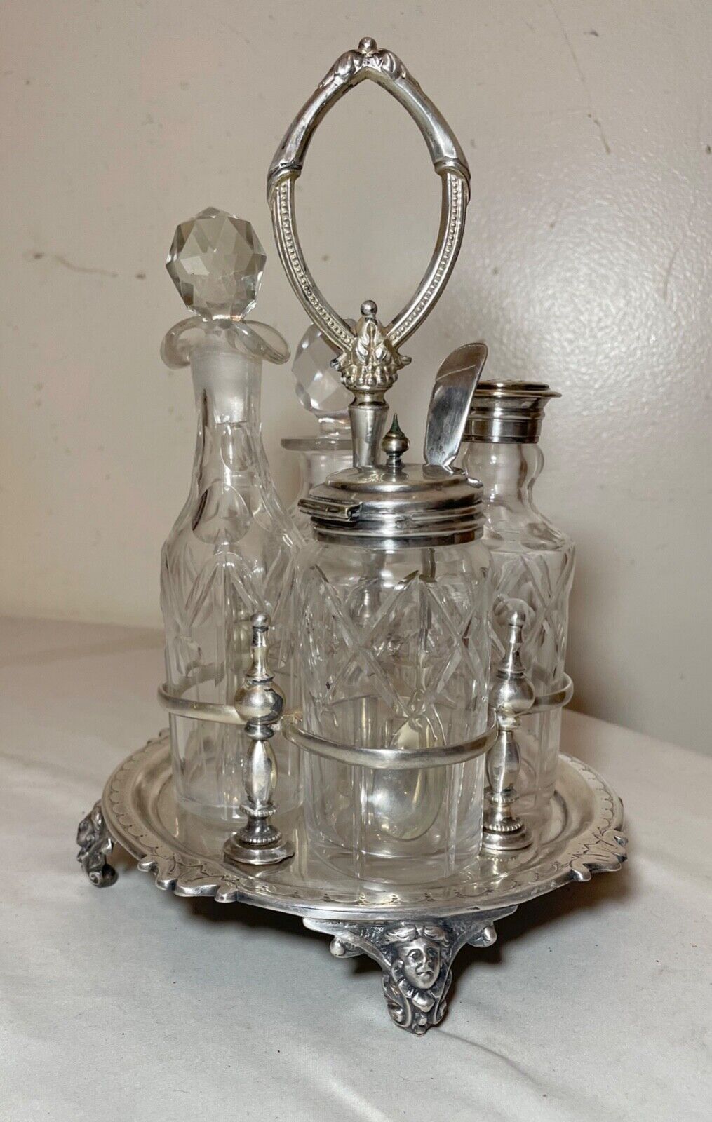 Ornate 1800s Cut Crystal Silver Plate Cruet Set