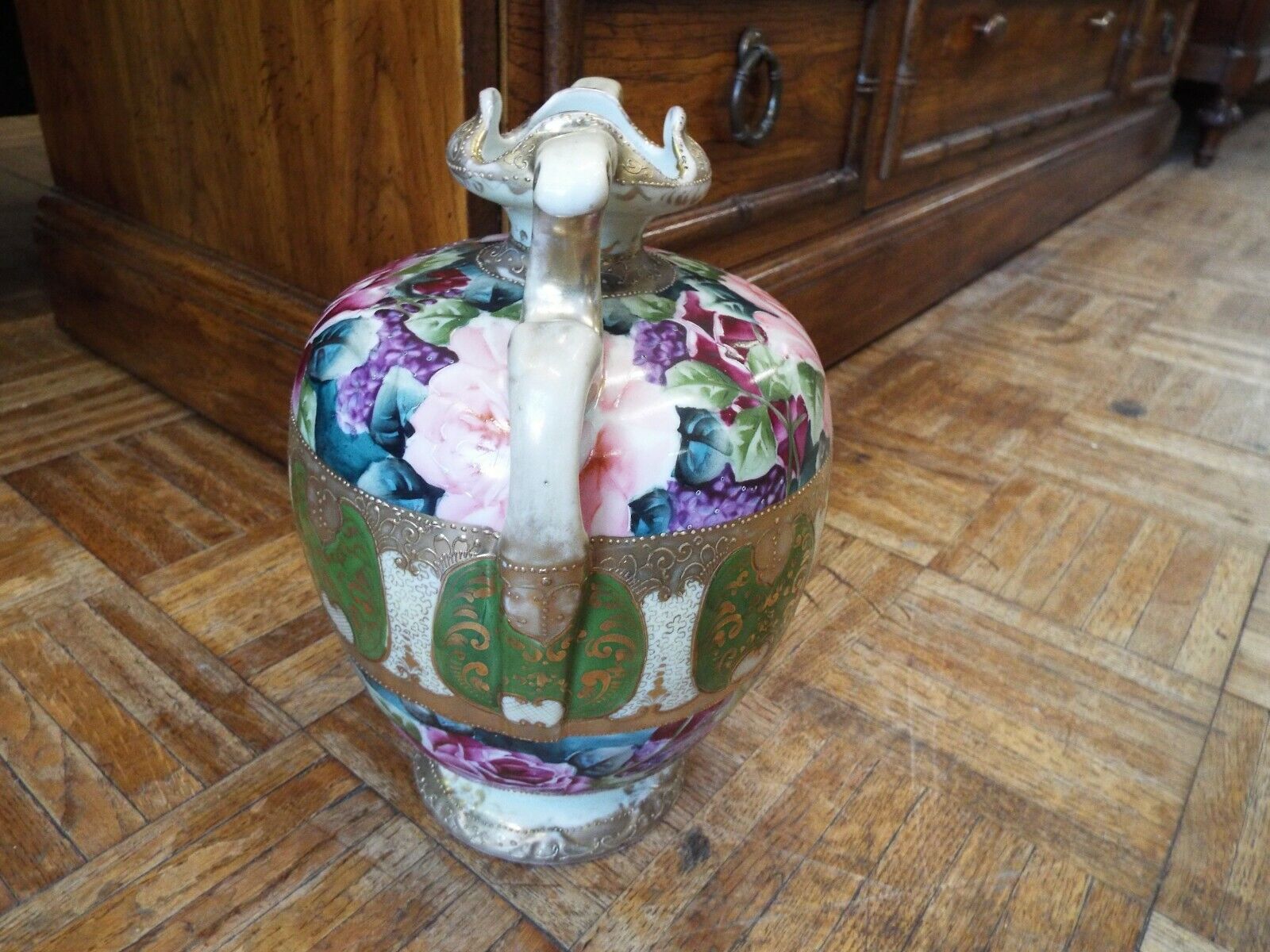 Large Antique Nippon Gold Jeweled Roses Vase