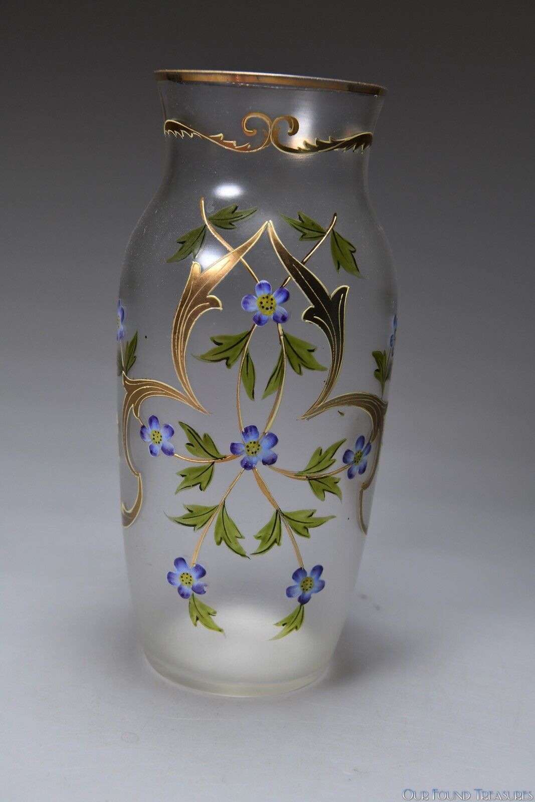 1900s Floral Enameled Blown Glass Vase 9”