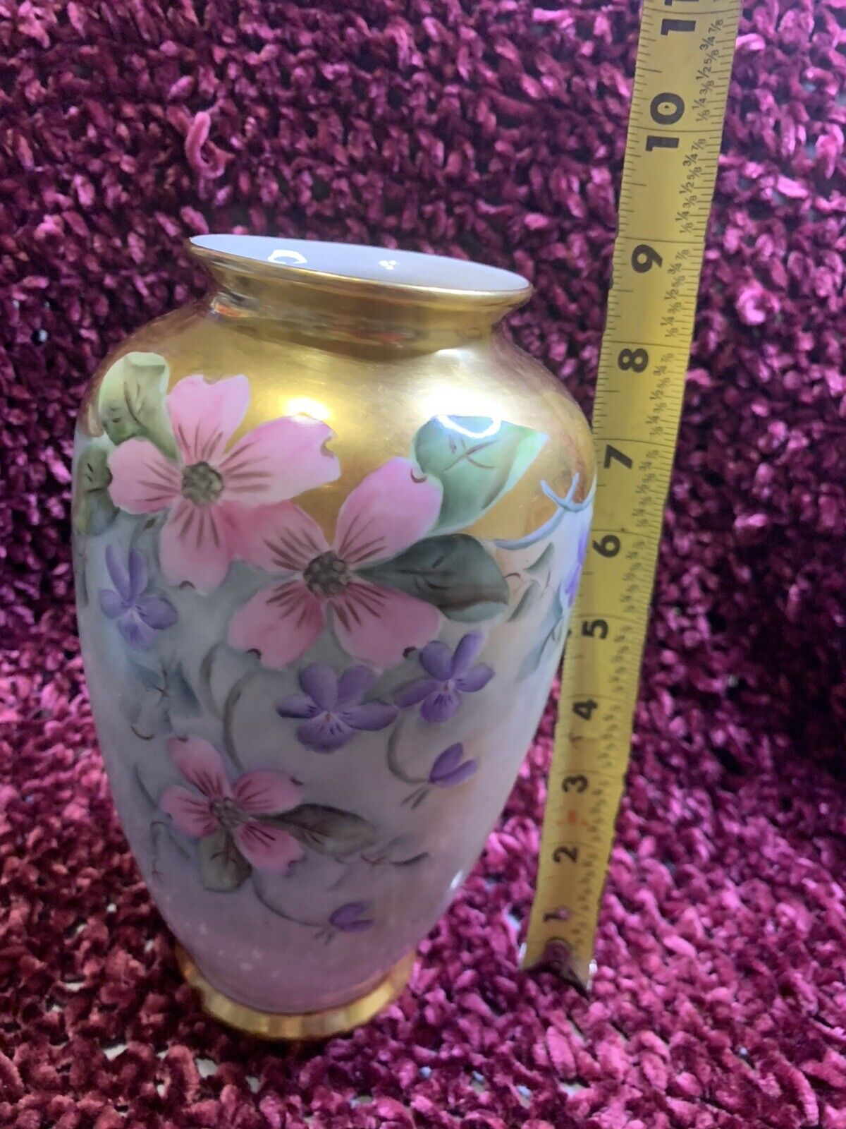 Antique Handpainted Dogwood Flowers Vase with Gold