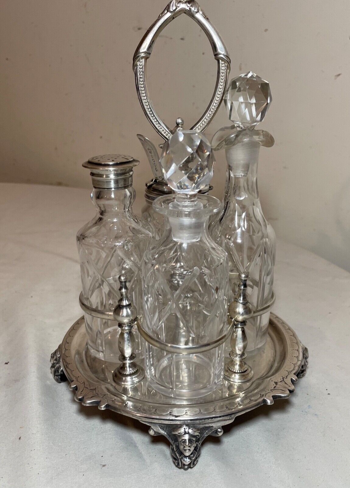 Ornate 1800s Cut Crystal Silver Plate Cruet Set