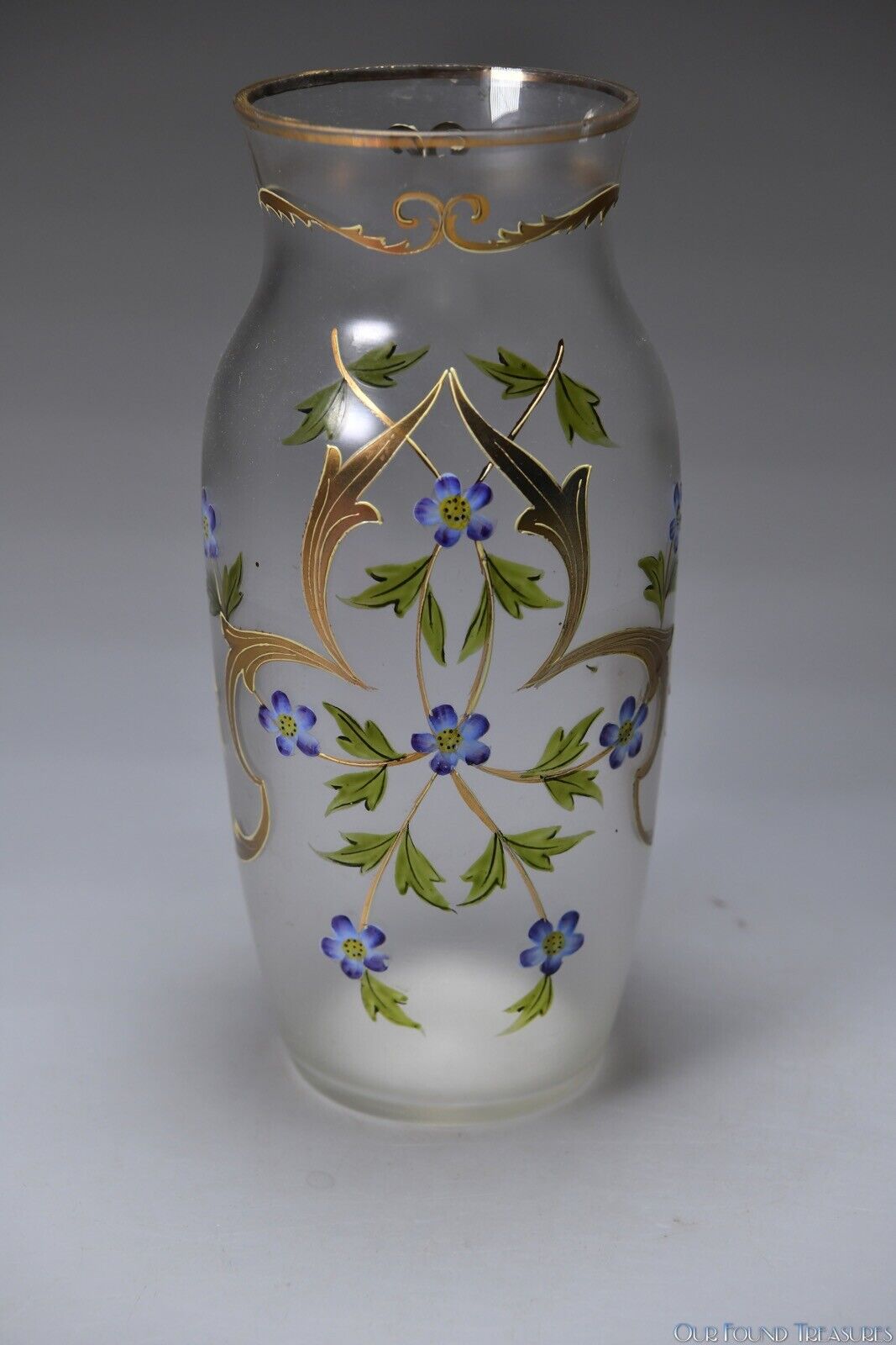 1900s Floral Enameled Blown Glass Vase 9”