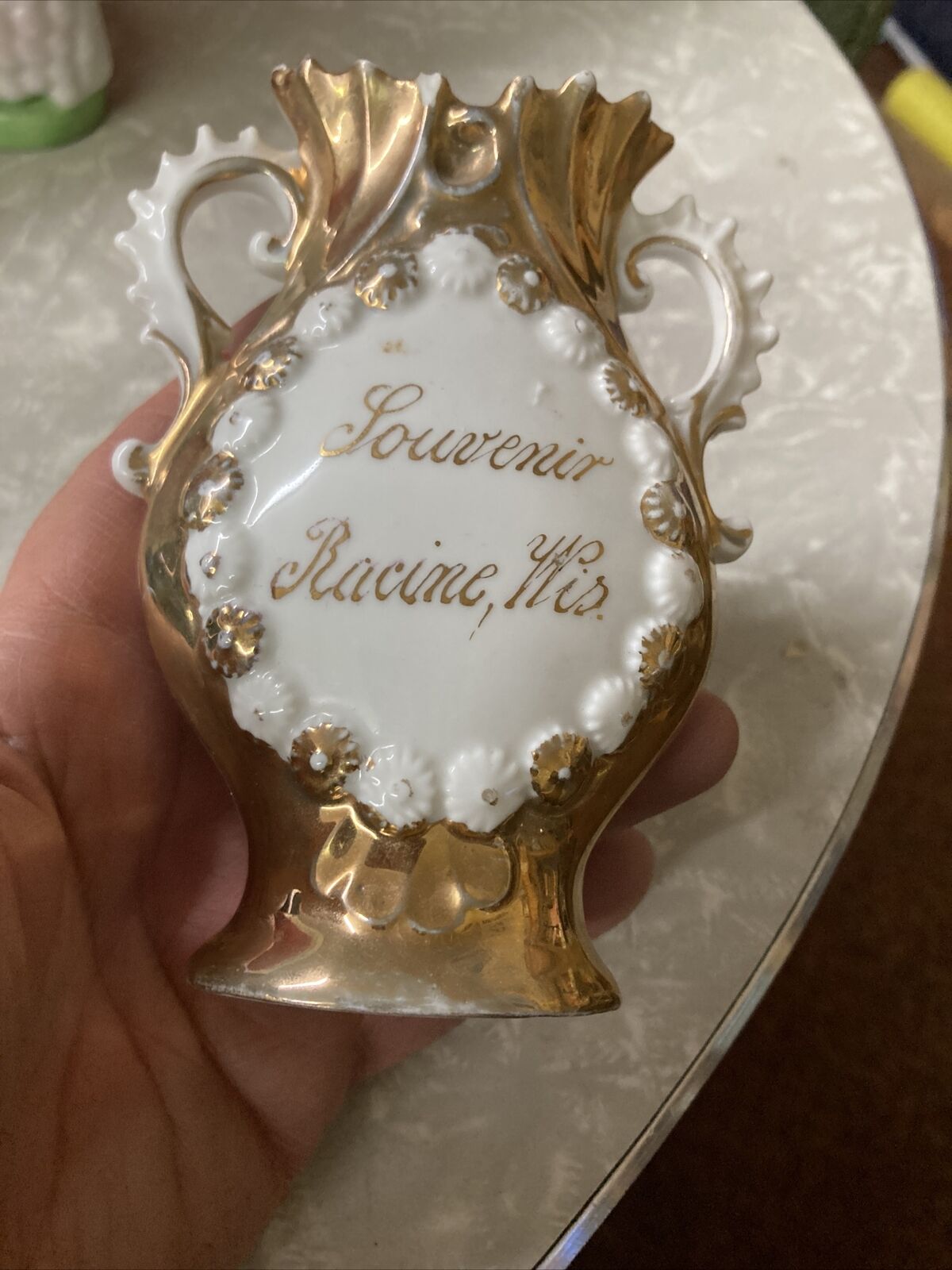Antique Hand-Painted Racine, Wisconsin Double Handled Vase