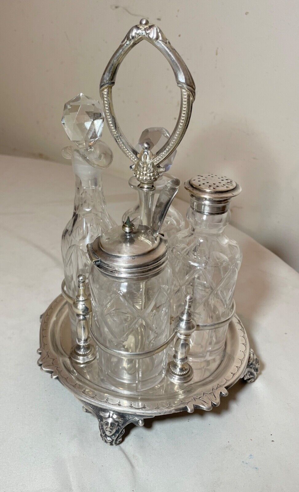 Ornate 1800s Cut Crystal Silver Plate Cruet Set