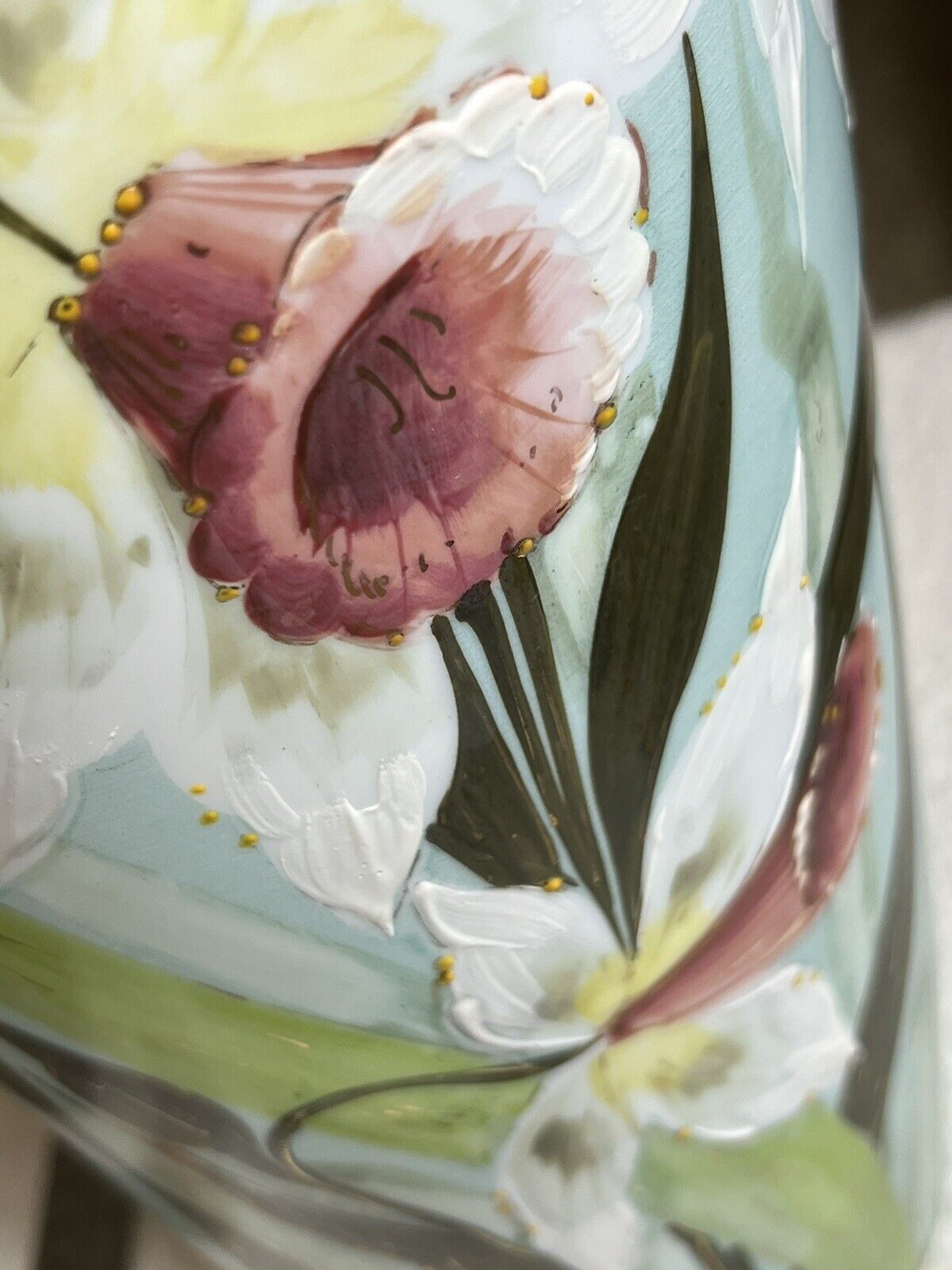 Antique Handpainted Teal Glass Vase, 12.5”