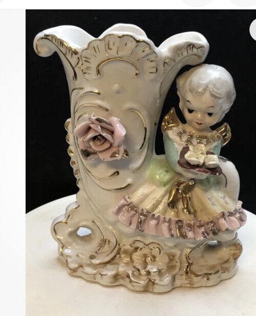 Gold Girl Roses Vase 1900c Antique Porcelain Cornucopia