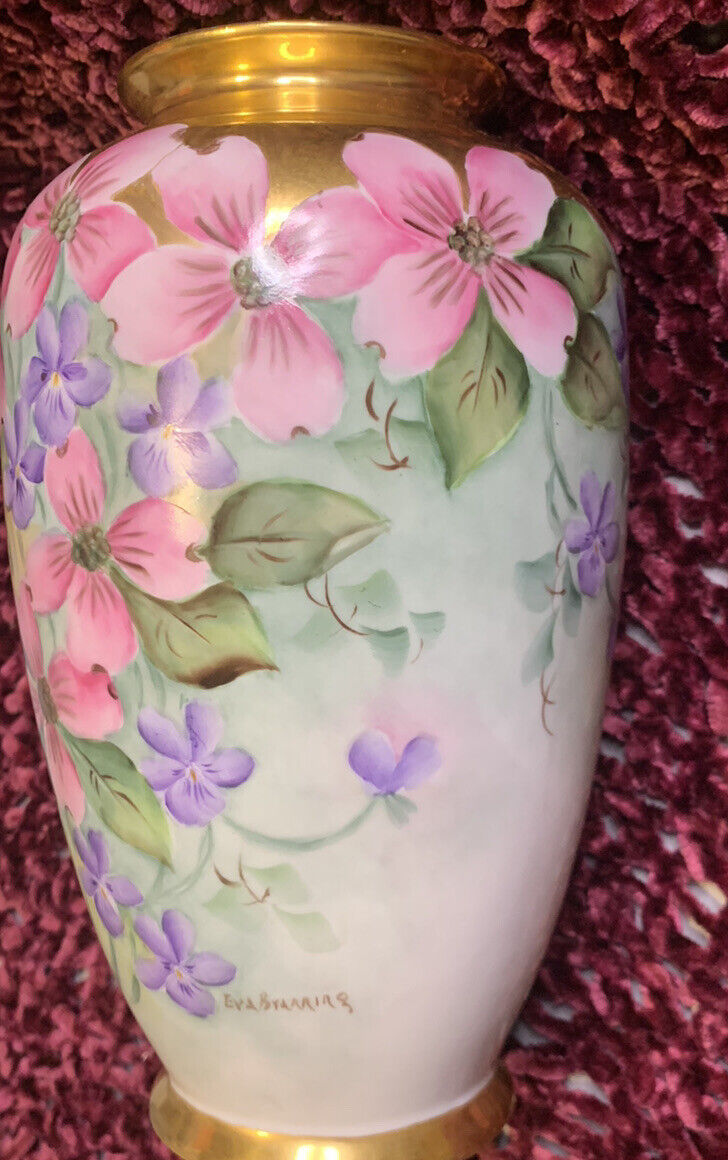Antique Handpainted Dogwood Flowers Vase with Gold