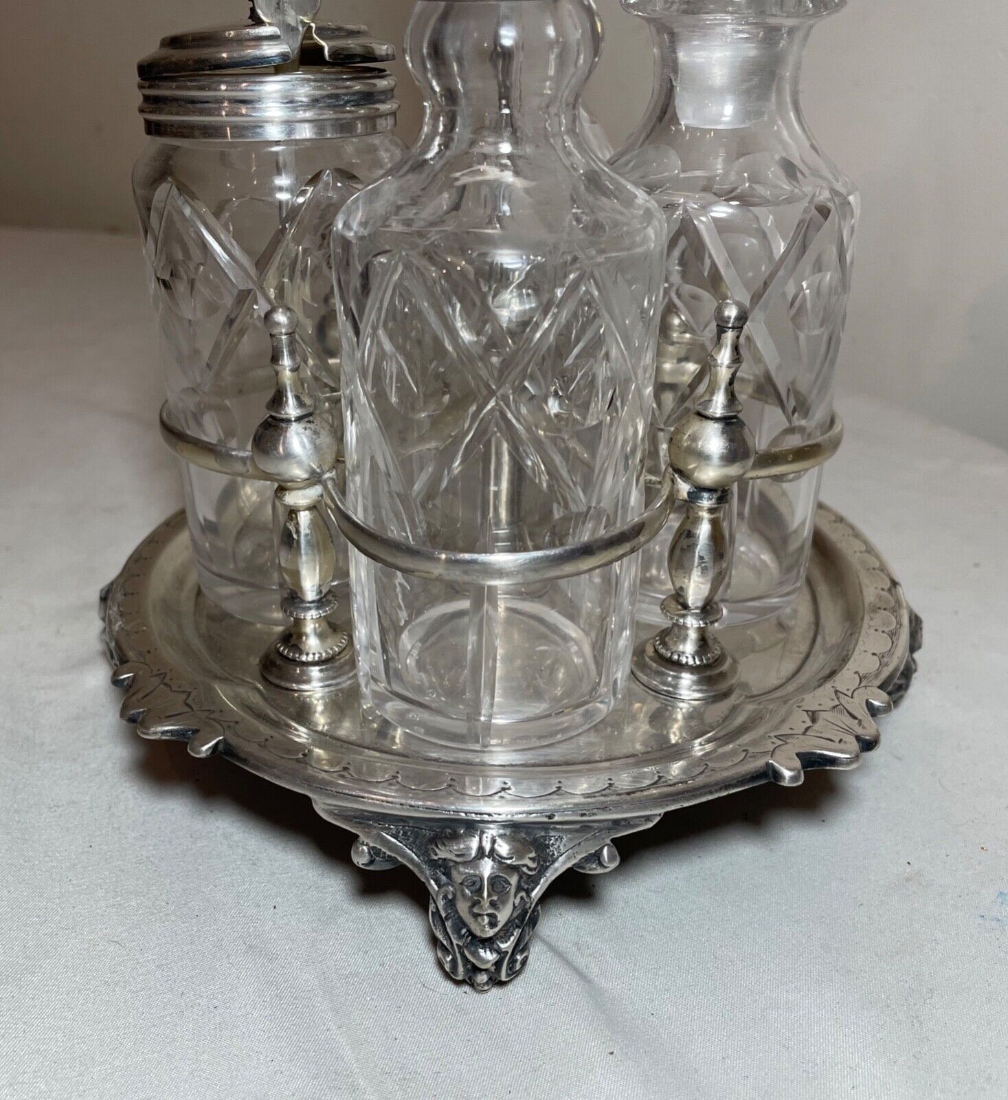 Ornate 1800s Cut Crystal Silver Plate Cruet Set