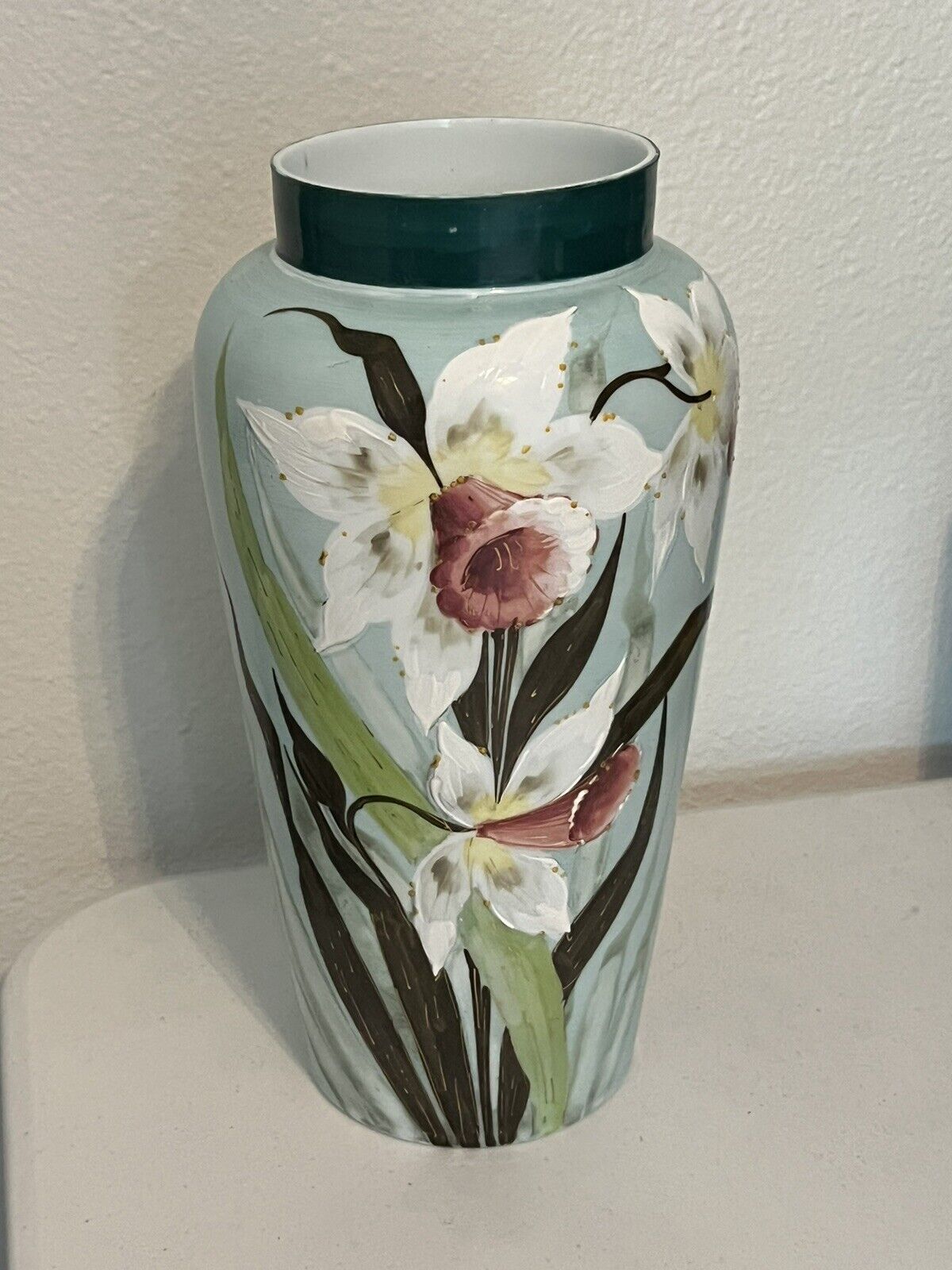 Antique Handpainted Teal Glass Vase, 12.5”