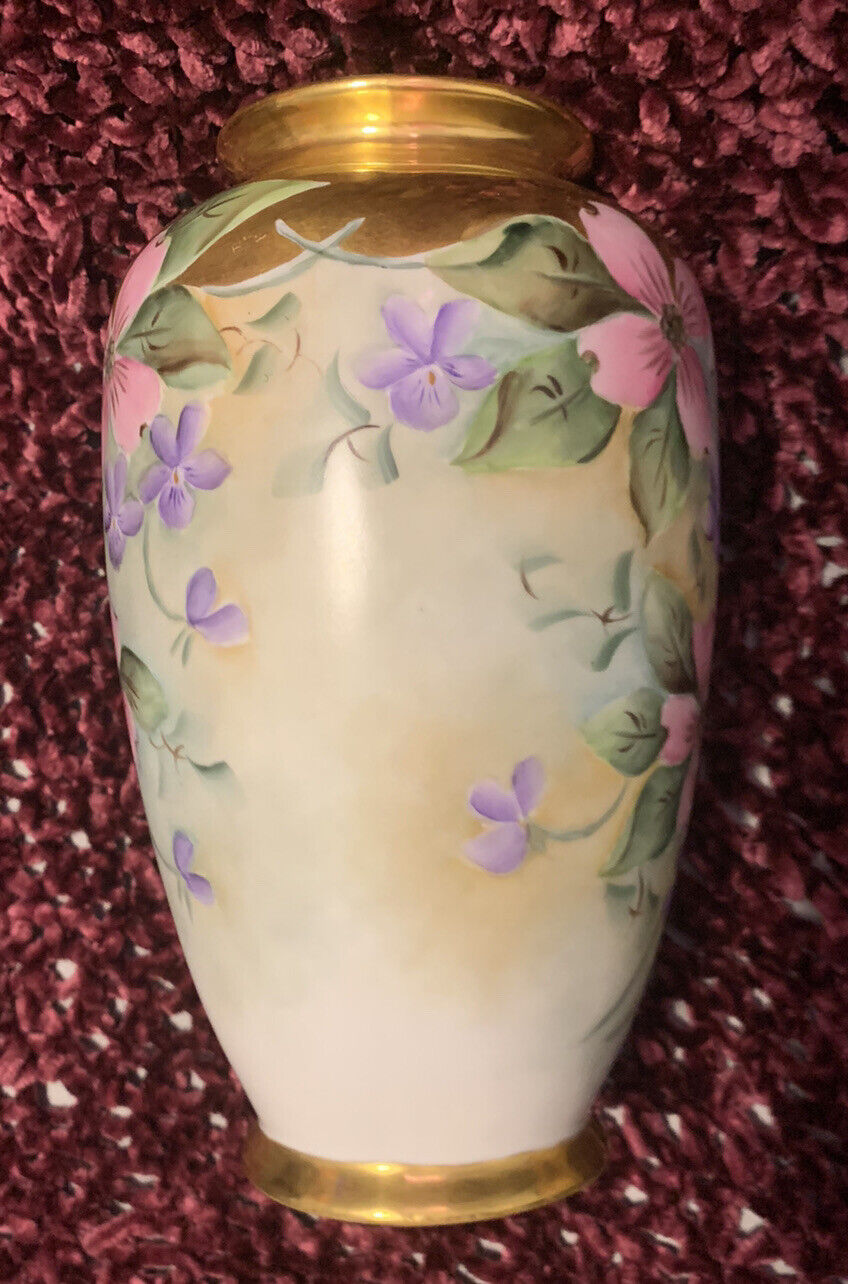 Antique Handpainted Dogwood Flowers Vase with Gold