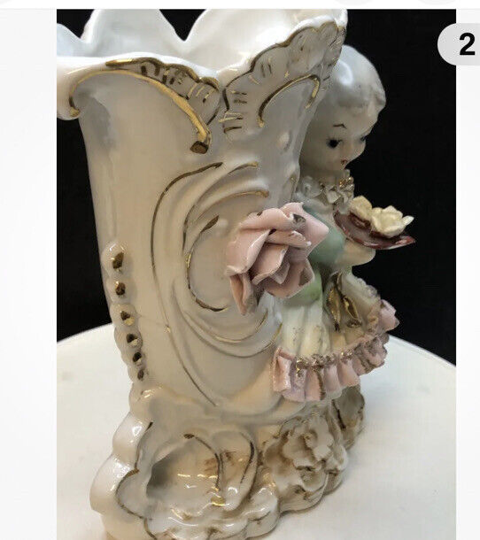 Gold Girl Roses Vase 1900c Antique Porcelain Cornucopia