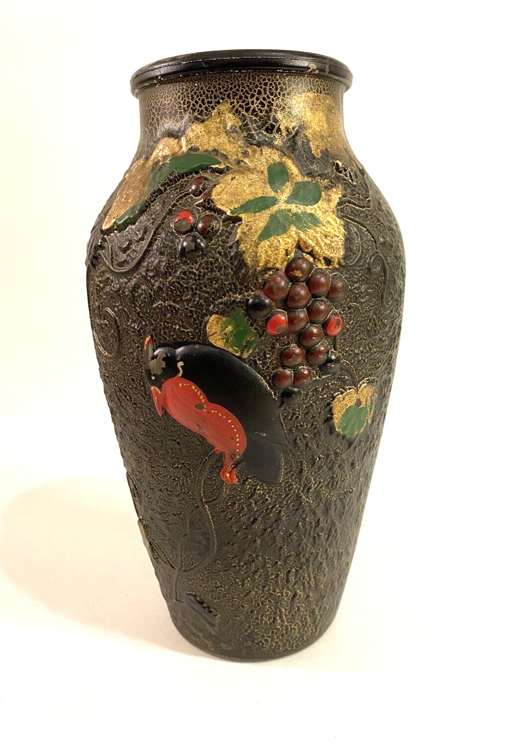 Art Nouveau Goofus Glass Vase with Red Bird