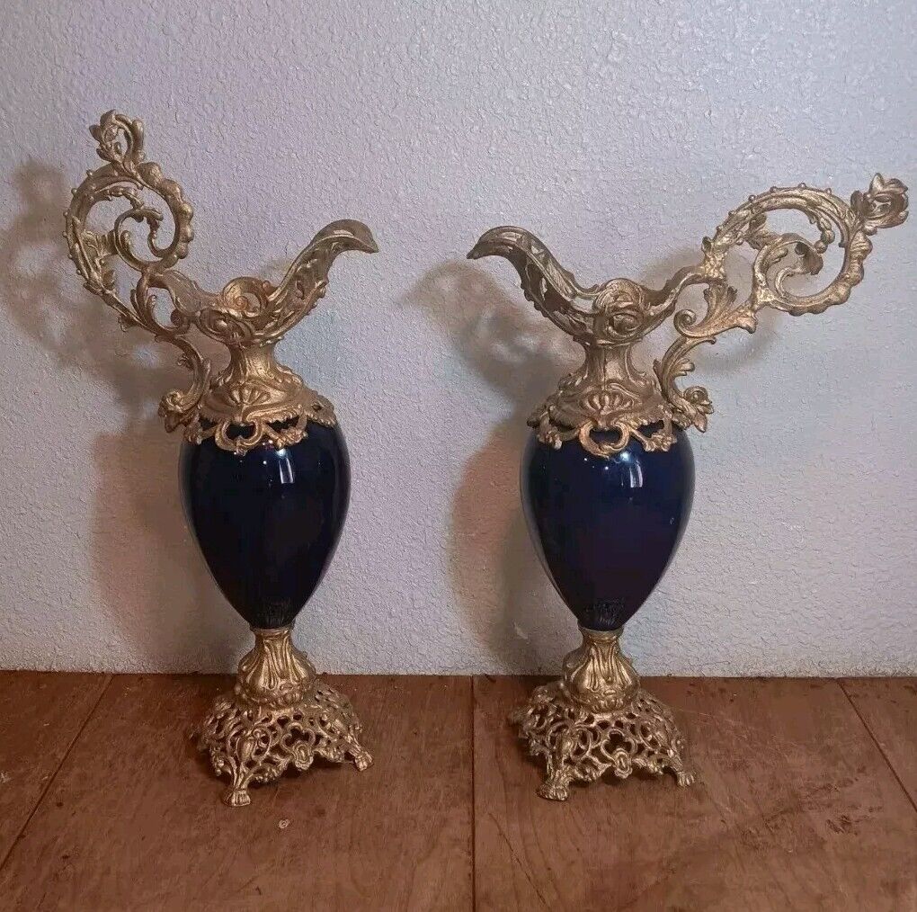 Cobalt Blue Antique Metal Pitcher Vases Pair
