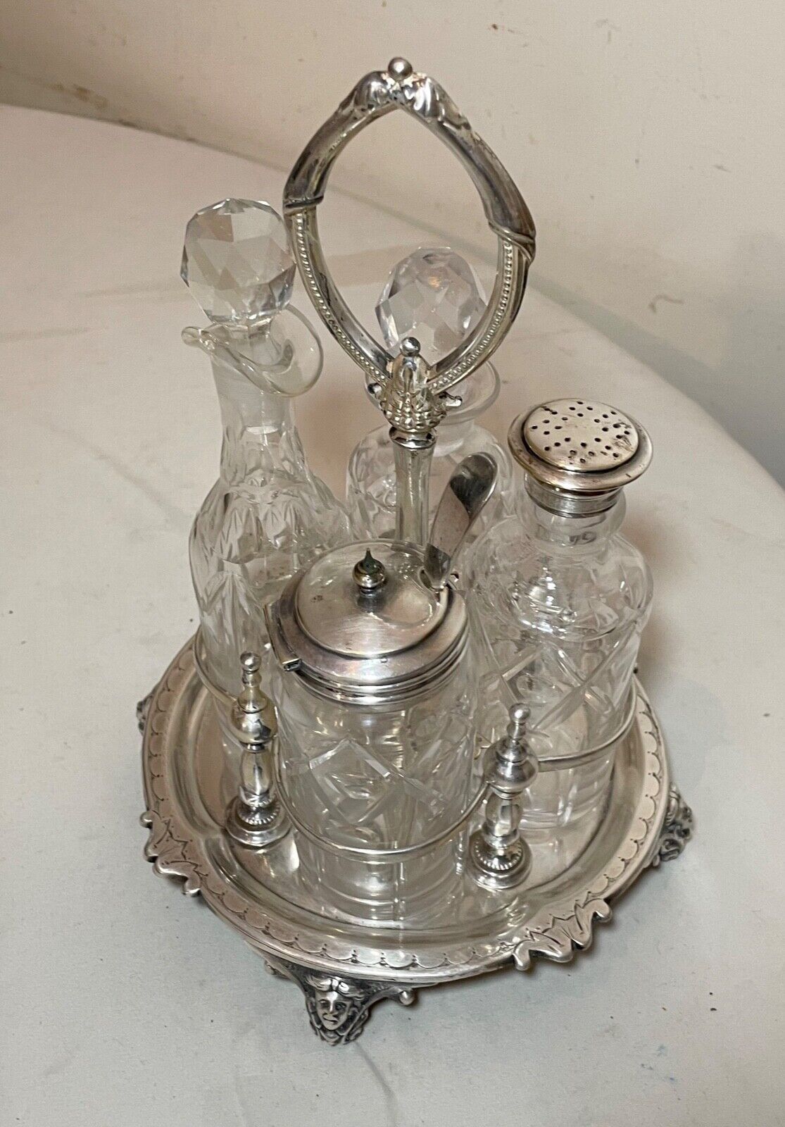 Ornate 1800s Cut Crystal Silver Plate Cruet Set
