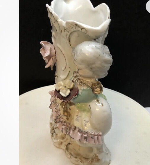 Gold Girl Roses Vase 1900c Antique Porcelain Cornucopia