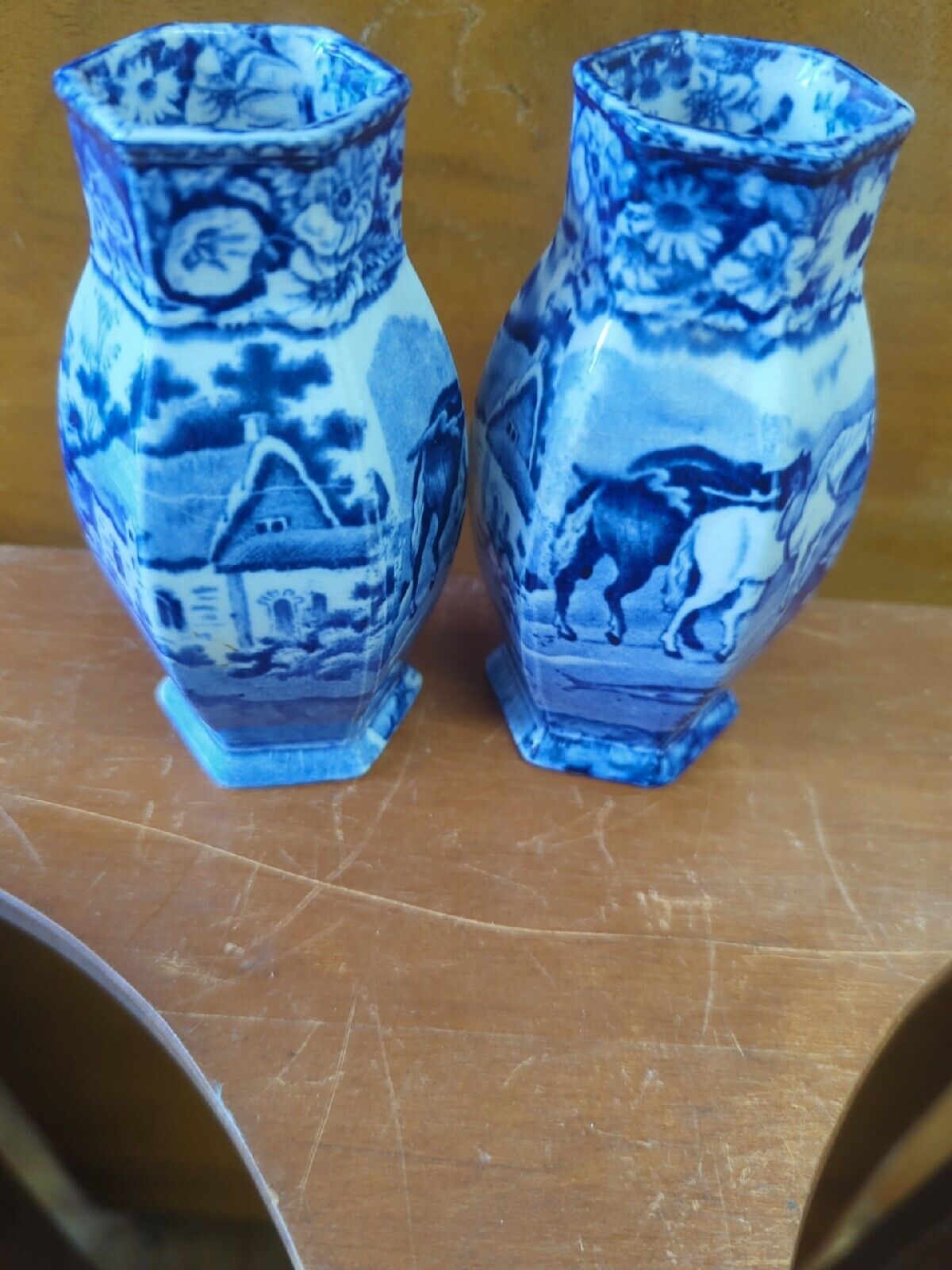 Rare Antique Pratts Blue Transferware Vases Pair