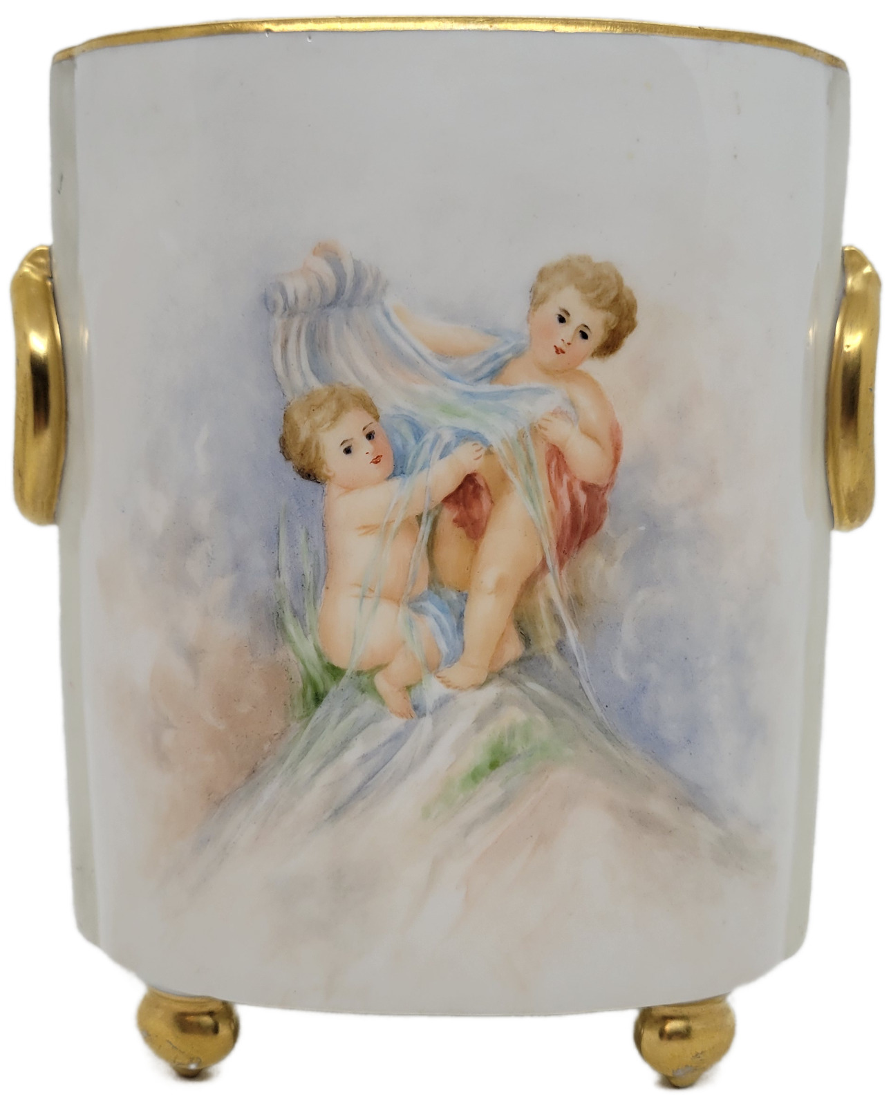 Cherub-Adorned Limoges Porcelain Cache Pot Vase