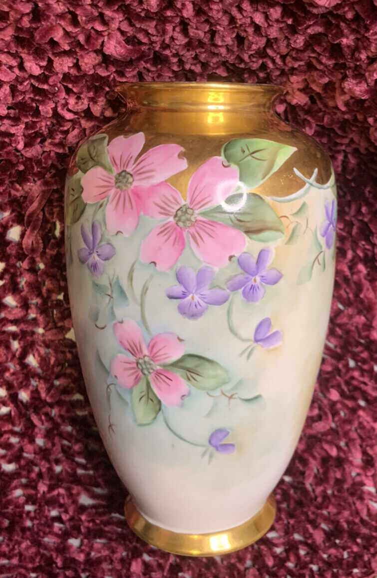 Antique Handpainted Dogwood Flowers Vase with Gold