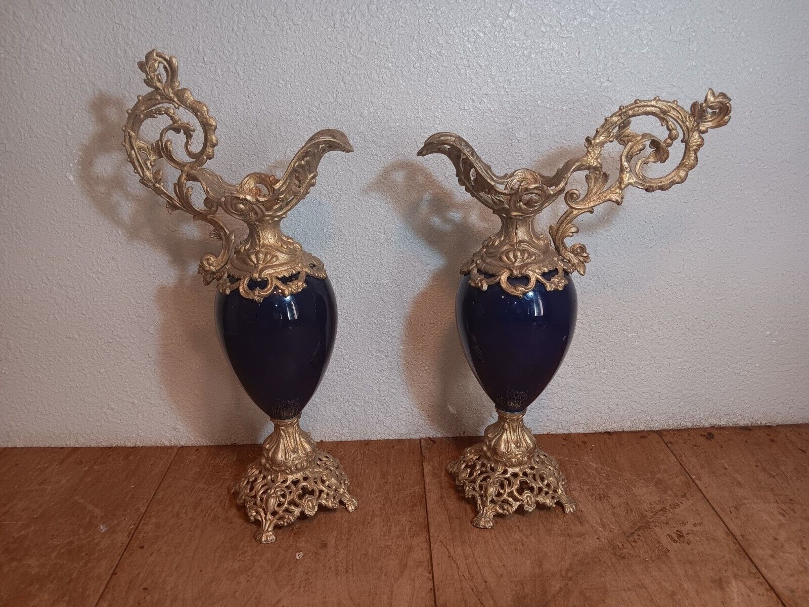 Cobalt Blue Antique Metal Pitcher Vases Pair