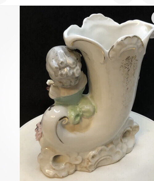 Gold Girl Roses Vase 1900c Antique Porcelain Cornucopia