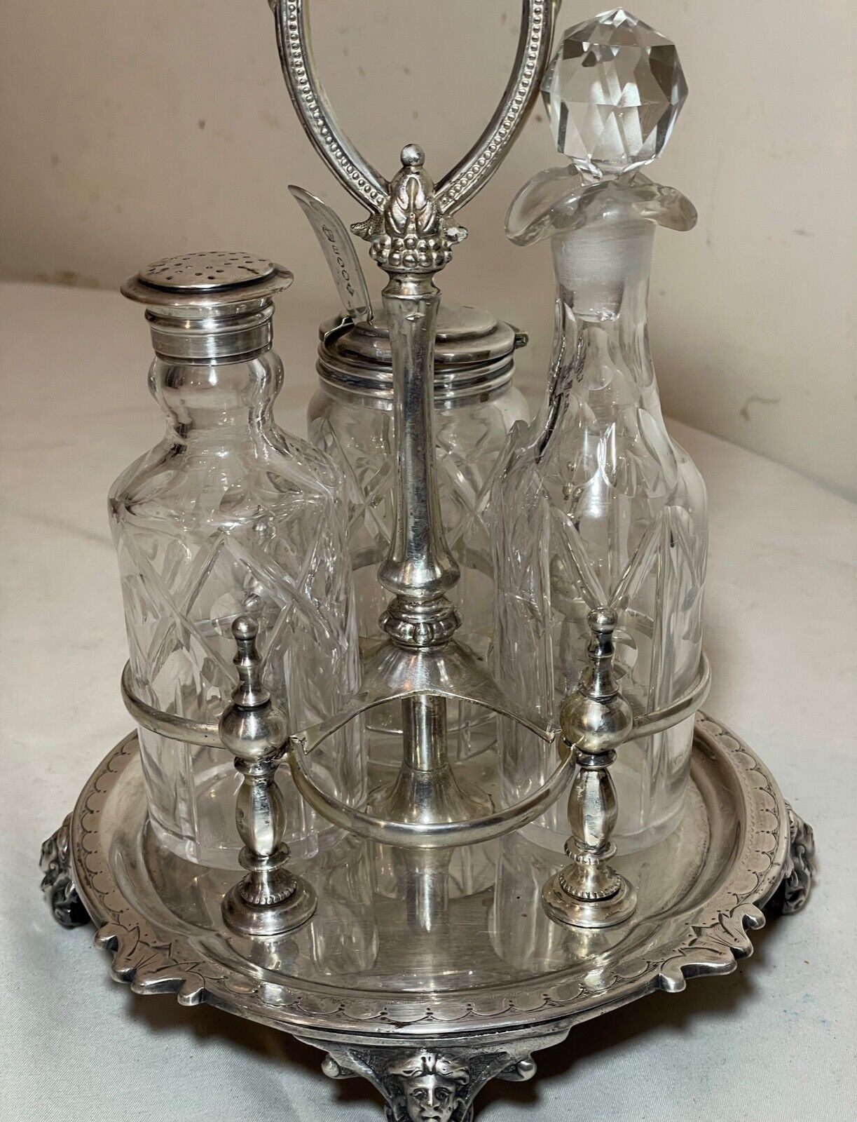Ornate 1800s Cut Crystal Silver Plate Cruet Set