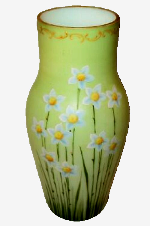 Victorian opalescent vase with hand-painted enamel flowers