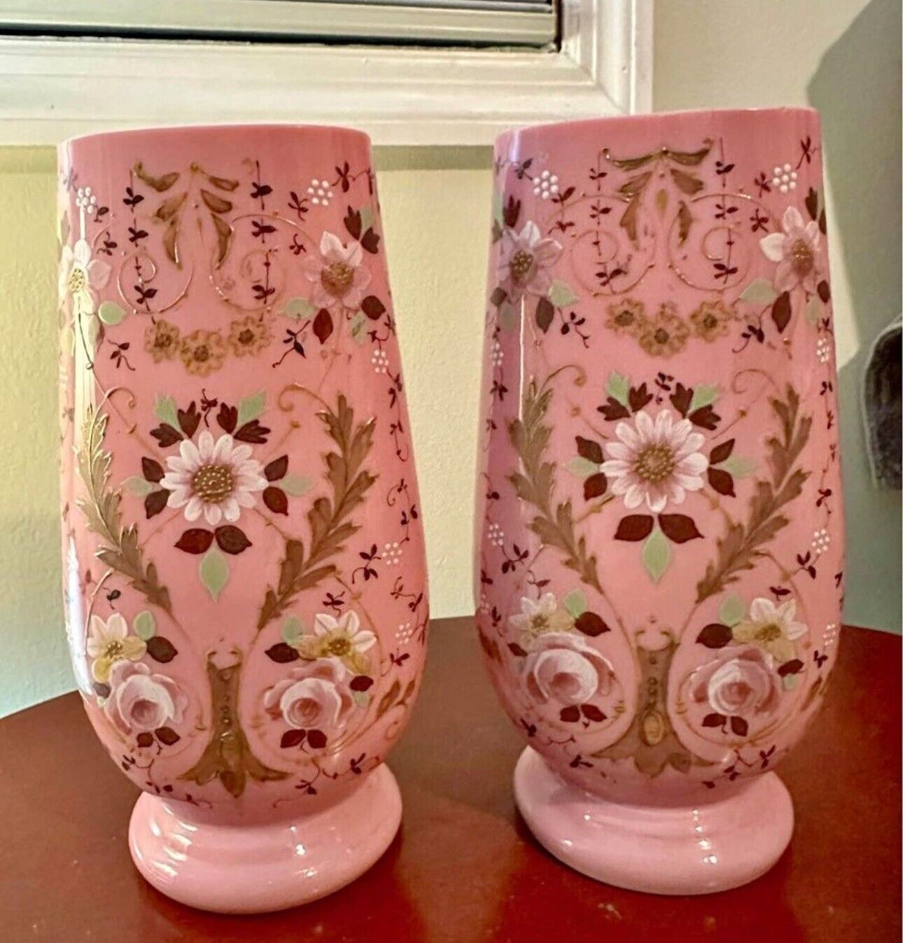 Rare Signed Antique Bristol Pink Hand Painted Vases