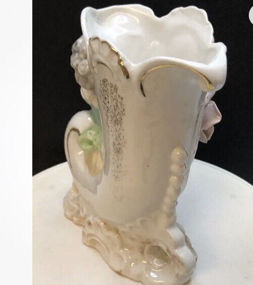 Gold Girl Roses Vase 1900c Antique Porcelain Cornucopia