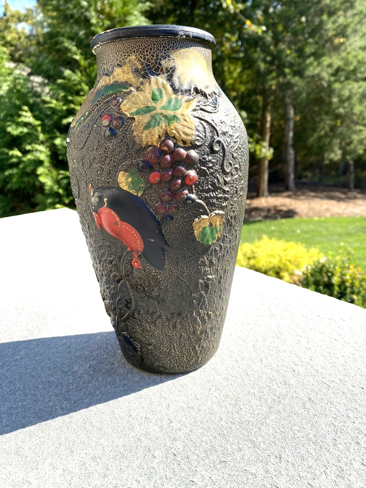 Art Nouveau Goofus Glass Vase with Red Bird