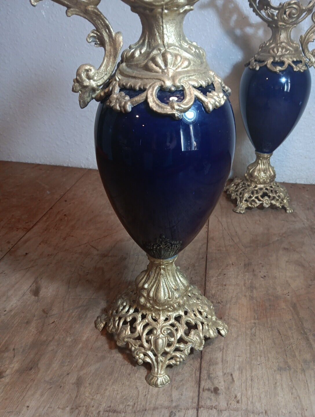 Cobalt Blue Antique Metal Pitcher Vases Pair