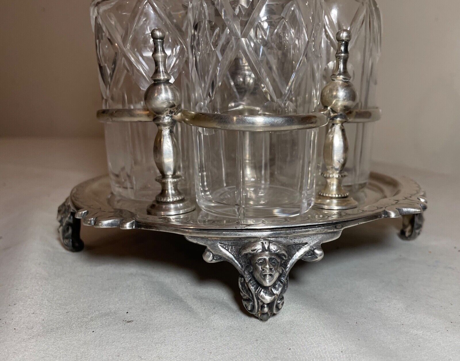 Ornate 1800s Cut Crystal Silver Plate Cruet Set
