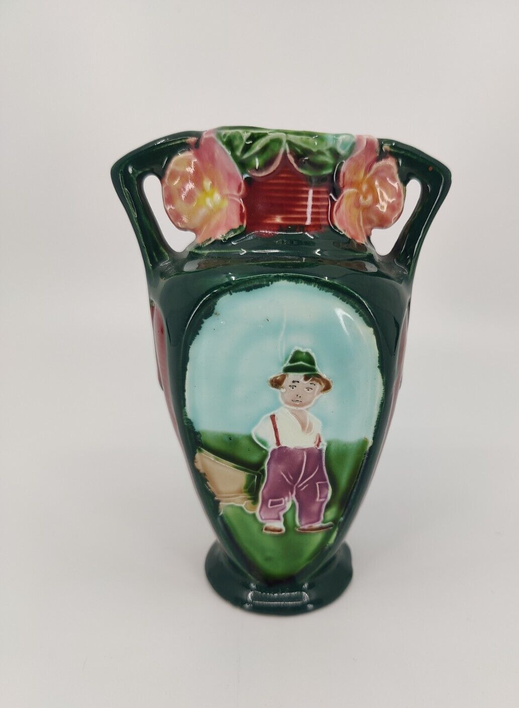 Early 1900s Majolica Boy with Wagon Vase