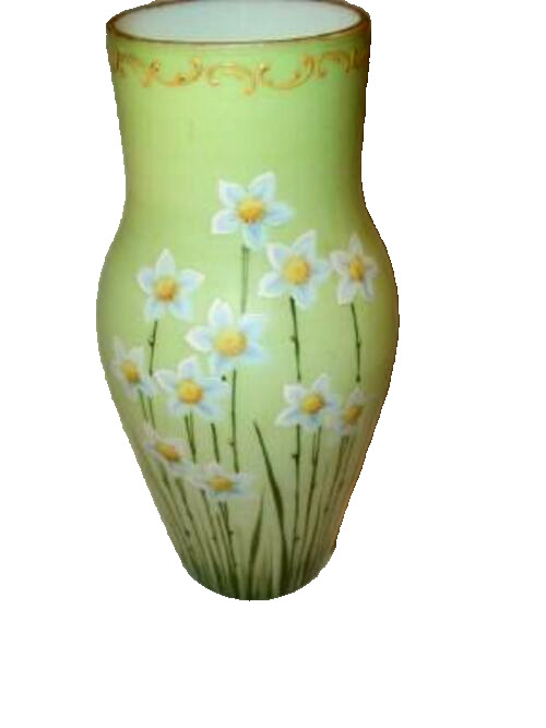 Victorian opalescent vase with hand-painted enamel flowers