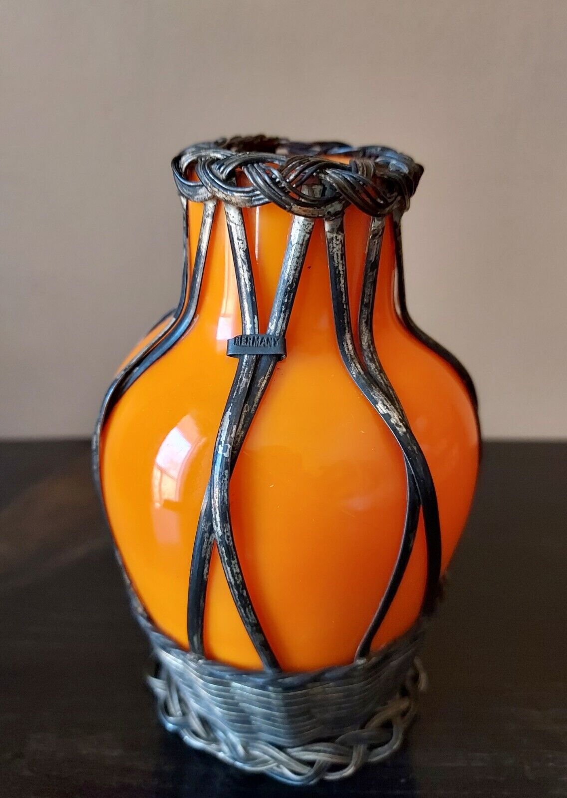 Antique 1900s Woven Wire and Orange Glass Vase