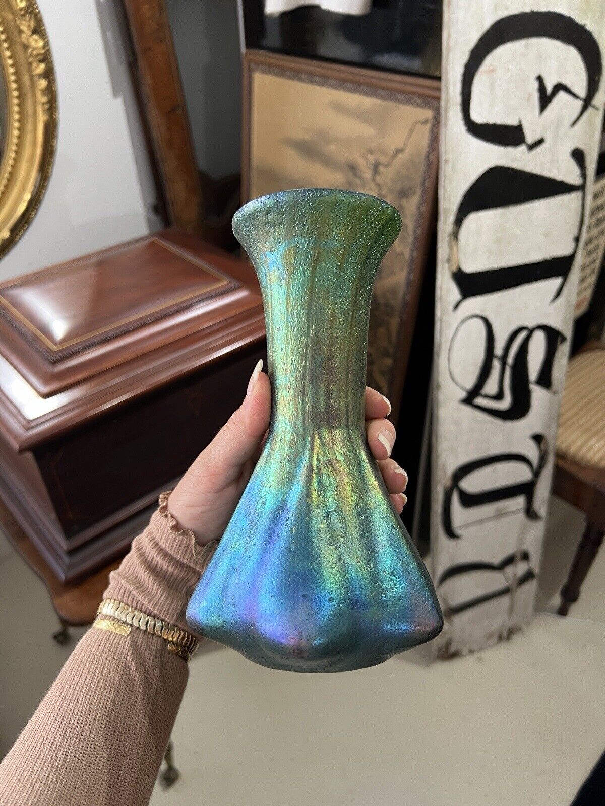 Bohemian Iridescent Glass Vase, Art Nouveau Design