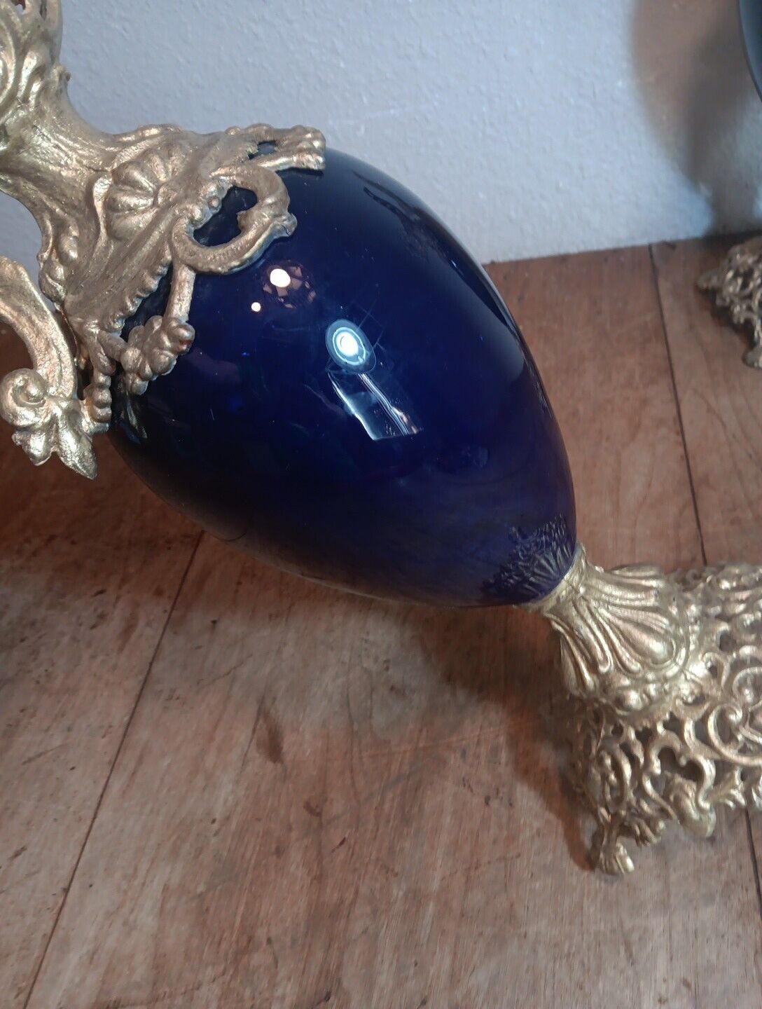 Cobalt Blue Antique Metal Pitcher Vases Pair