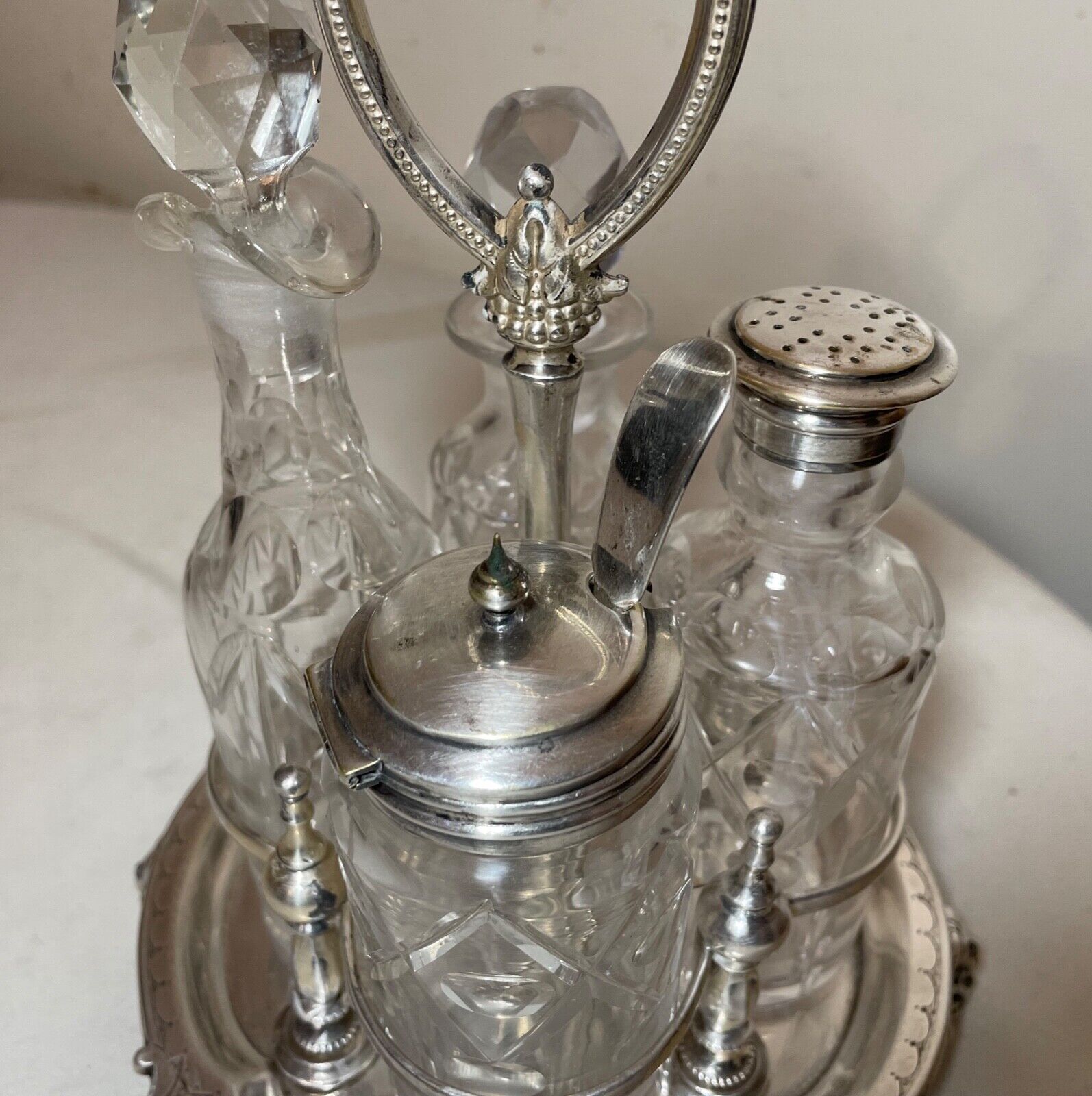 Ornate 1800s Cut Crystal Silver Plate Cruet Set
