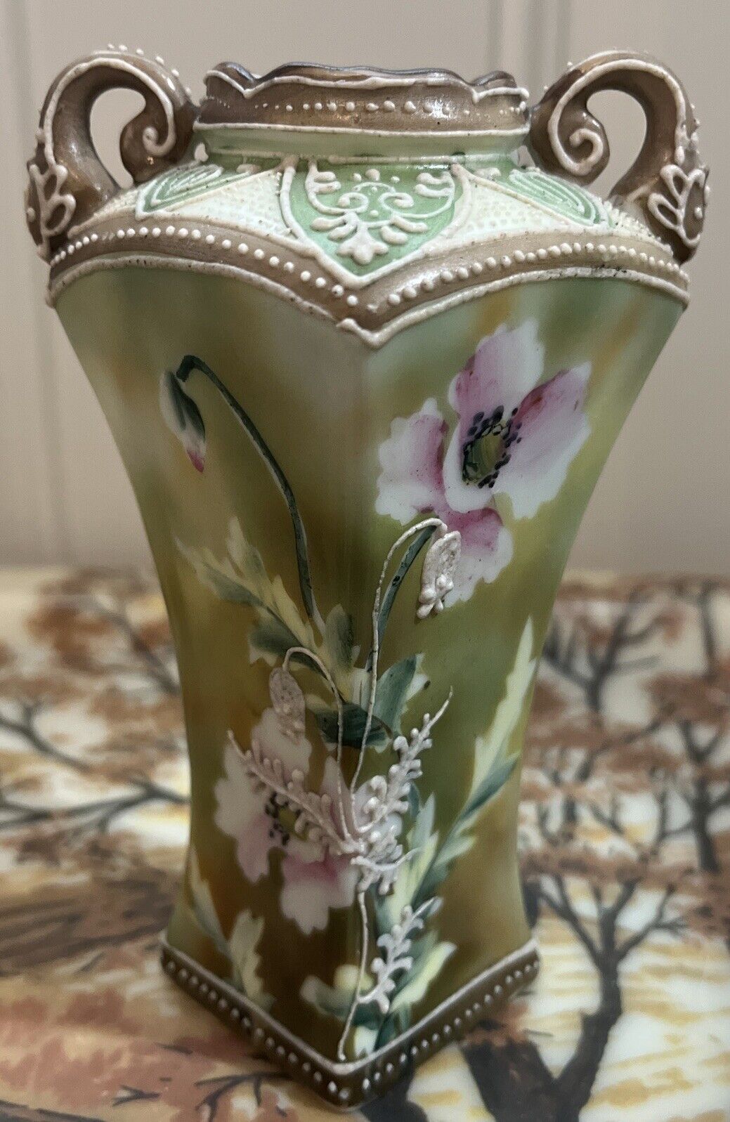 Moriage Hand Painted Nippon Porcelain Vase
