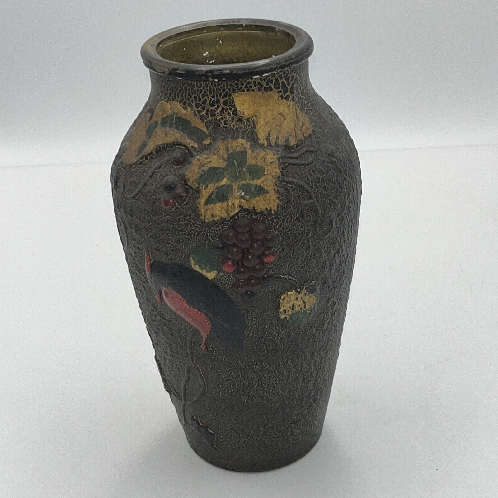 Antique Indiana Glass Goofus Flower Vase Grape Bird