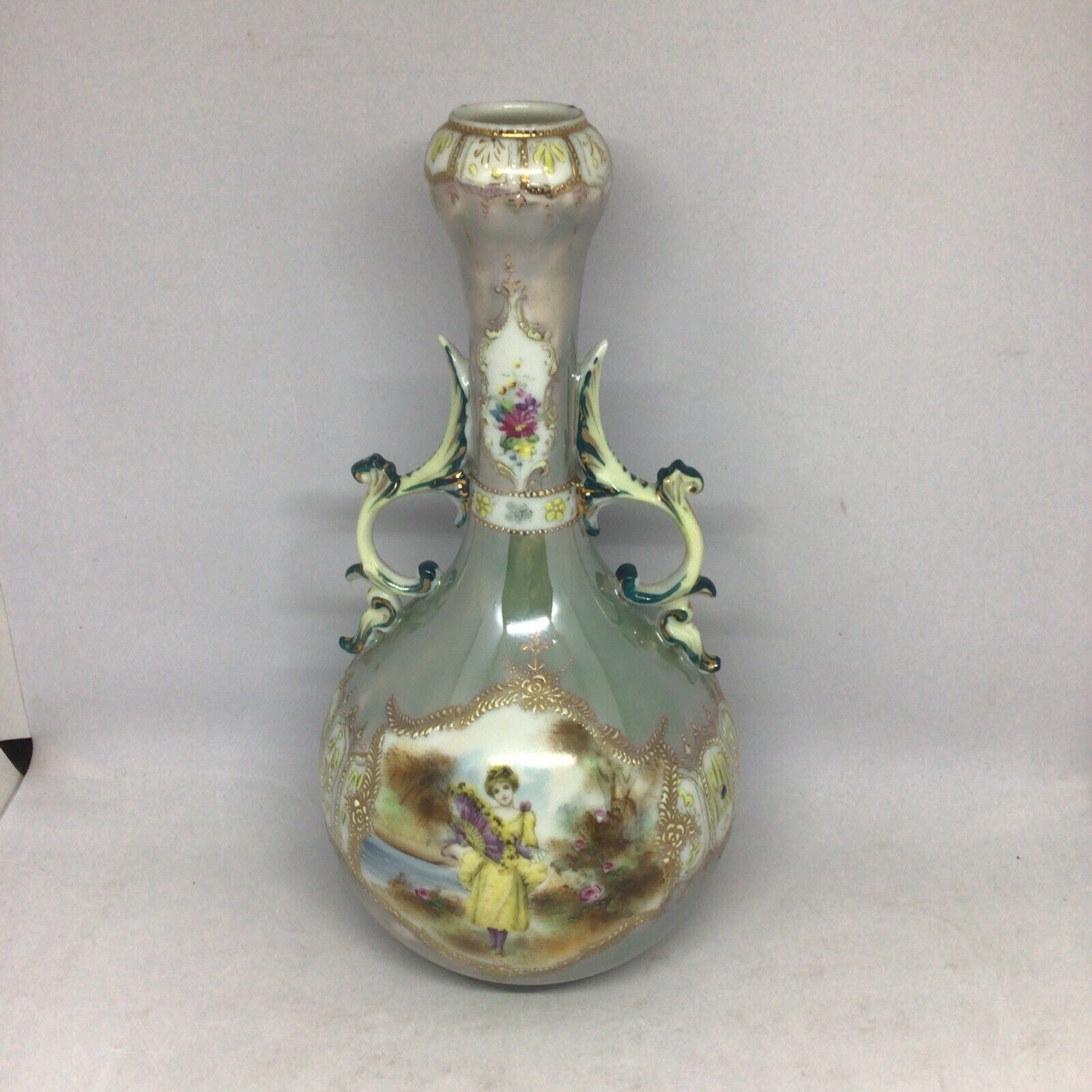 Vintage Hand Painted Porcelain Vase, Late 1800s, 10.5in