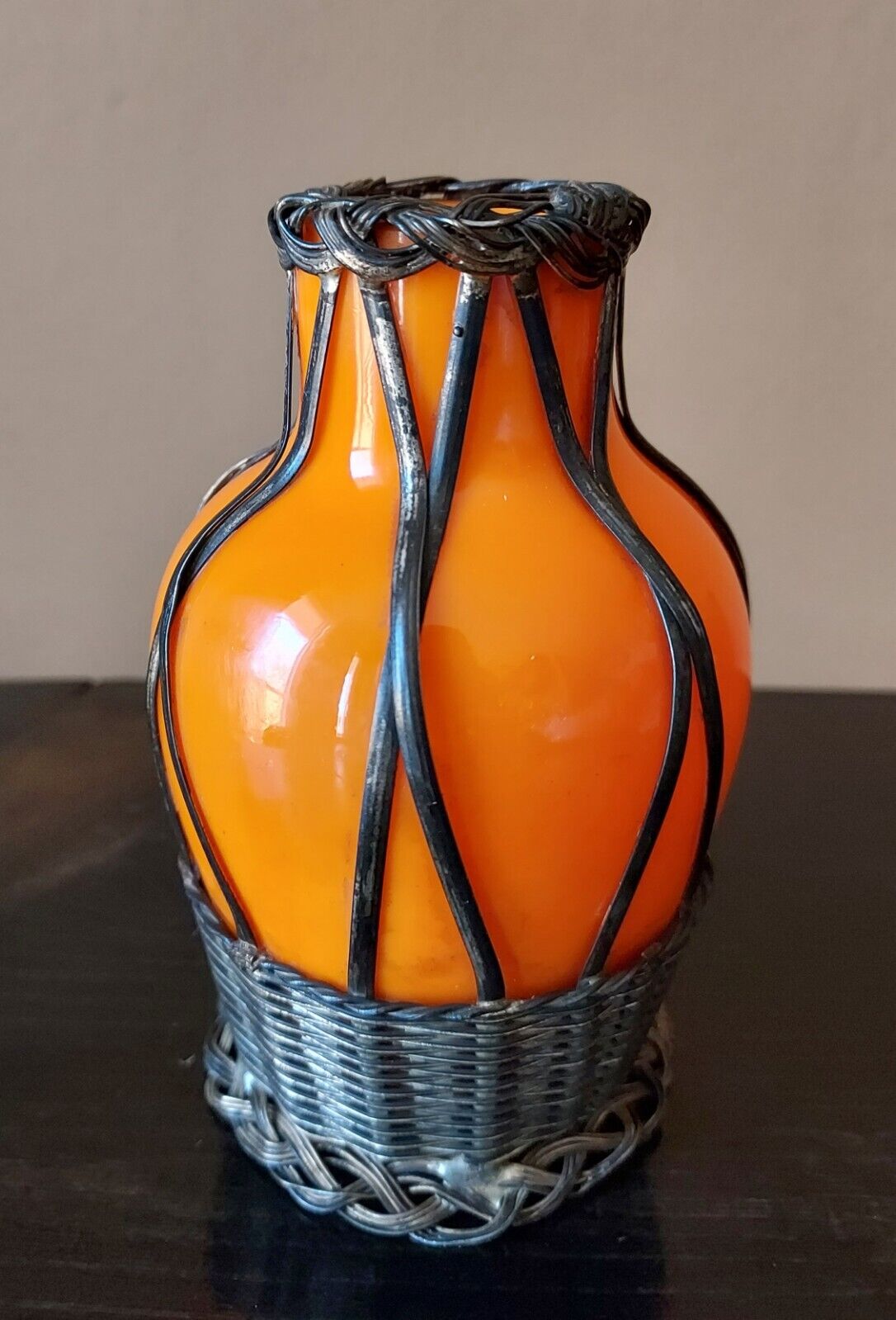 Antique 1900s Woven Wire and Orange Glass Vase