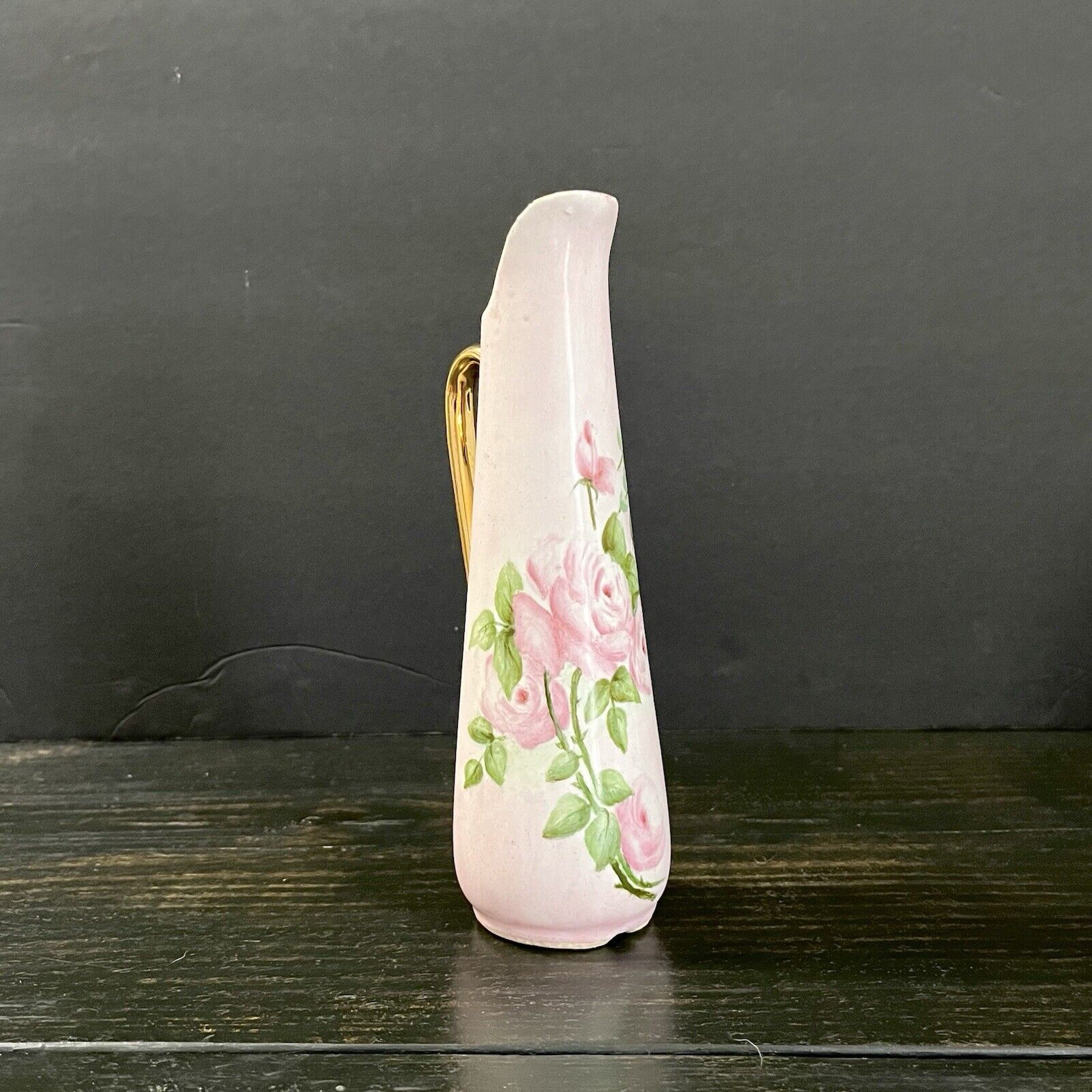 Miniature Floral Handpainted Pink Vase with Gold Trim