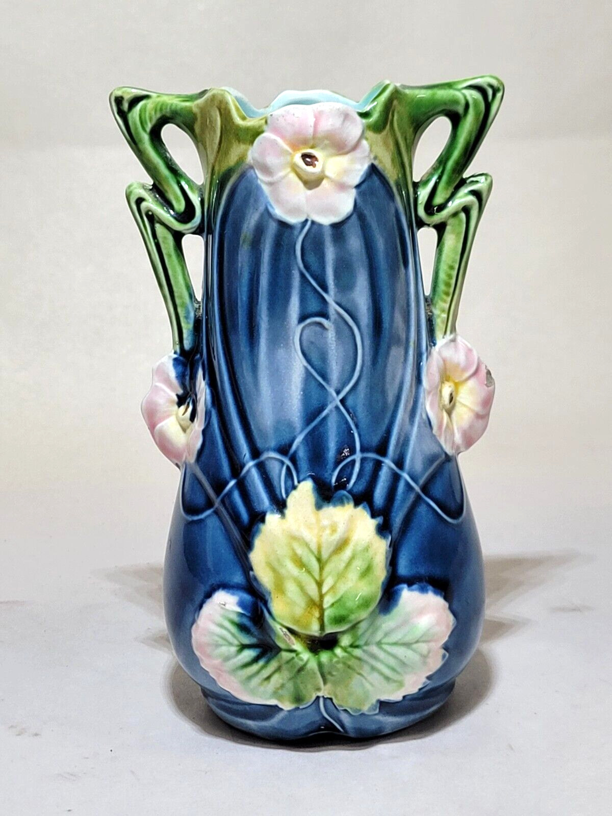 1900s Art Nouveau Majolica 6" Amphora Vase Flowers